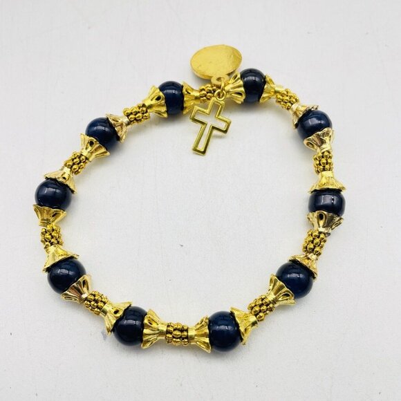 Navy Bead Station Bracelet Bright Gold Tone North Star and Cross Charms Holiday - Picture 2 of 6